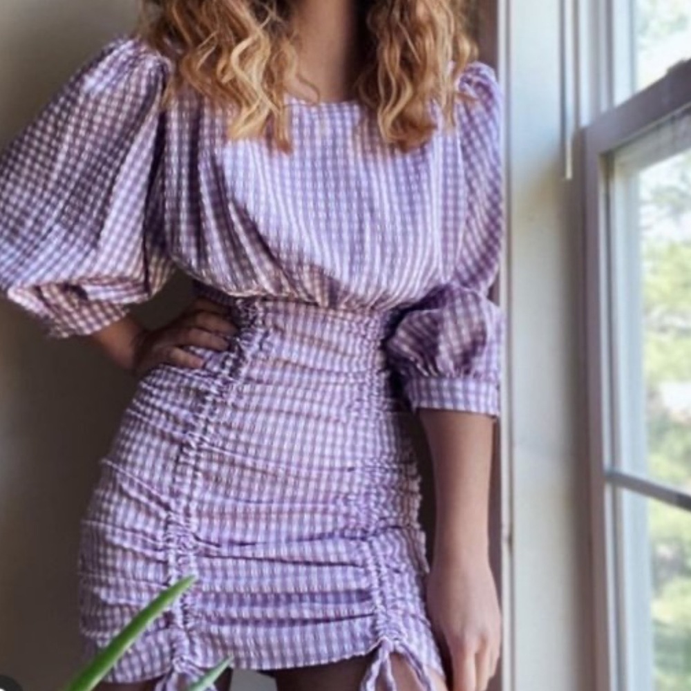 Zara blogger favorite Purple Gingham Ruched puff sleeve mini Dress medium